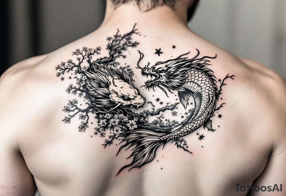 koi fish fighting a dragon with a sakura tree in the background, Japanese inspired piece tattoo idea