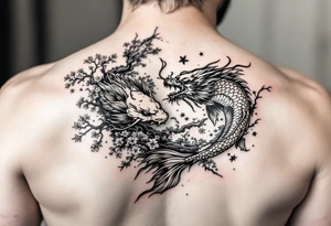 koi fish fighting a dragon with a sakura tree in the background, Japanese inspired piece tattoo idea