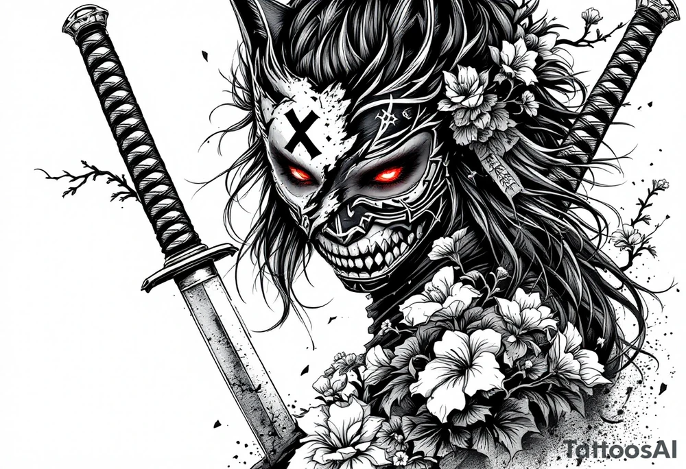 Woman samurai with red eyes wearing an half and broken kitsune mask, holding 
two katana and Sakura flowers ornement
Tatoo is for upper arm tattoo idea