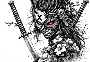 Woman samurai with red eyes wearing an half and broken kitsune mask, holding 
two katana and Sakura flowers ornement
Tatoo is for upper arm tattoo idea