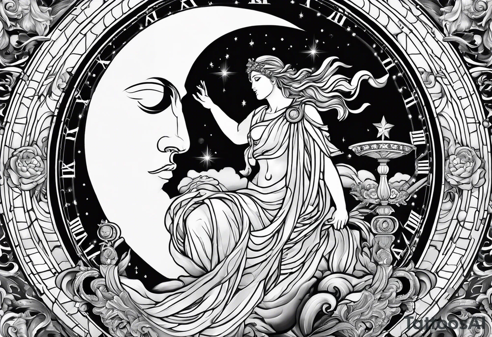 Roman god, timeless clock, Aquarius, moon tattoo idea Roman god, timeless clock, Aquarius, moon tattoo idea