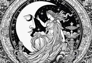 Roman god, timeless clock, Aquarius, moon tattoo idea