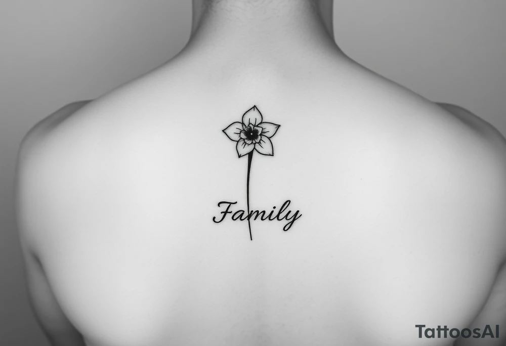 fine-line narcissus flower on my inner wrist, with the stem flowing down into the word Family in soft cursive, and Joshua 24:15 in tiny clean text underneath. photo of it tattoo idea
