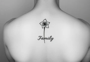 fine-line narcissus flower on my inner wrist, with the stem flowing down into the word Family in soft cursive, and Joshua 24:15 in tiny clean text underneath. photo of it tattoo idea