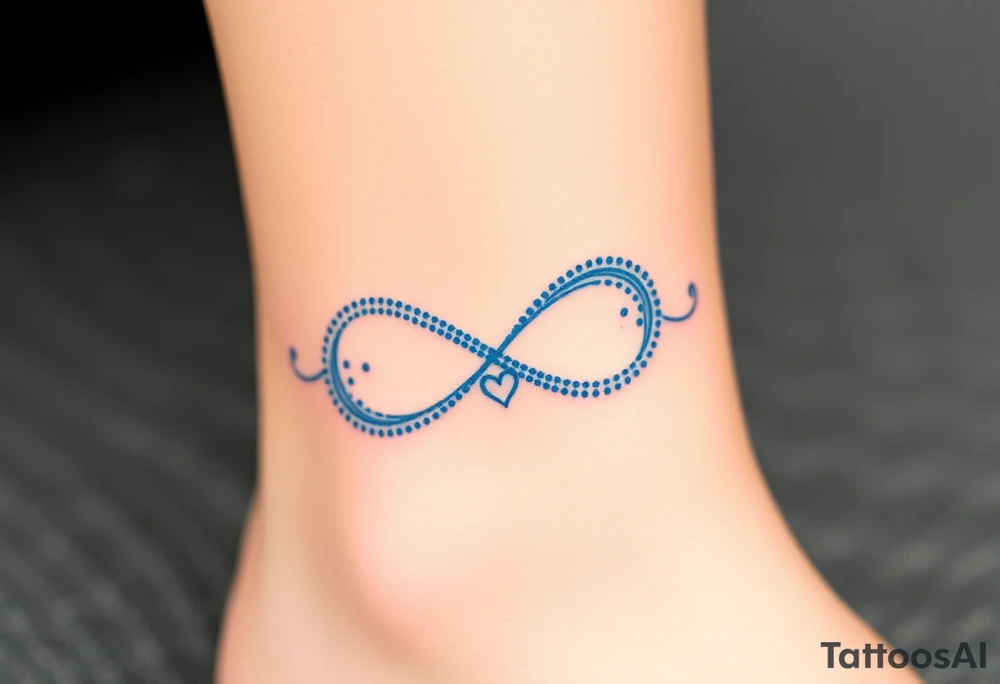 A blue infinity symbol made of delicate waves, with a small heart-shaped pearl tattoo idea