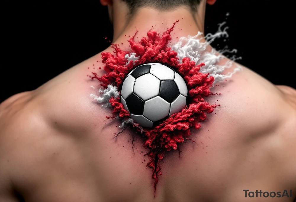 A realistic soccer ball emerging from a red and white smoke cloud shaped like the Slavia crest. tattoo idea