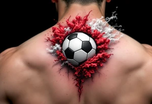 A realistic soccer ball emerging from a red and white smoke cloud shaped like the Slavia crest. tattoo idea
