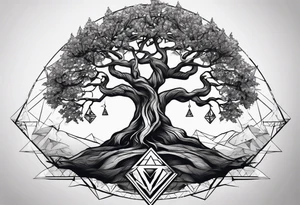 Yggdrasil tree with triangles set behind
No leaves on the tree tattoo idea