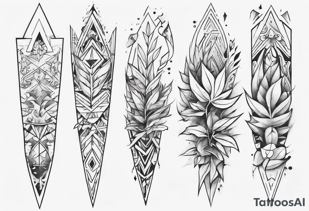 full arm tattoo. pointy leaves combined with geometric shapes. whole arm tattoo idea