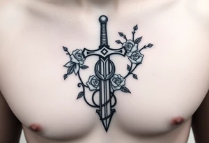 A gothic cross with a sword tip on the bottom going through an infinity sign and has roses and vines growing around tattoo idea