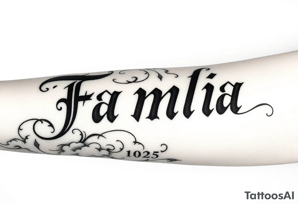 powerful calligraphic text on forearm „Familia“ the rest of the full sleeve can contain gothic figures like greek gods and clouds or lightbeams as shading and filler there should be a date included in roman numerale the rest can be anything in realistic gothic style tattoo idea