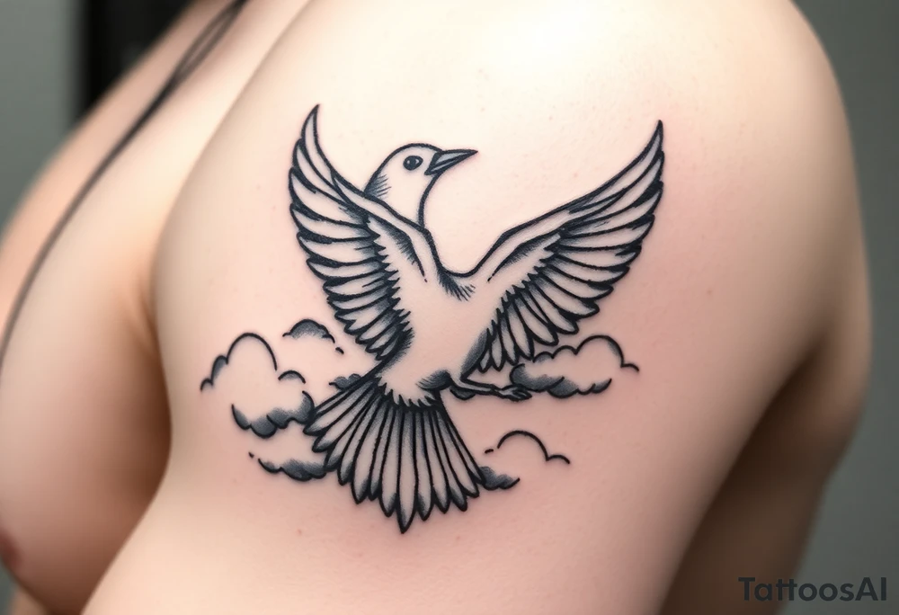 Dove and a blue jay, clouds, shining light to or from heaven tattoo idea