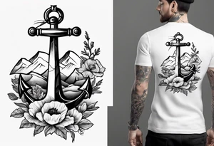 small anchor with poppy flowers intertwined and mountains behind it tattoo idea
