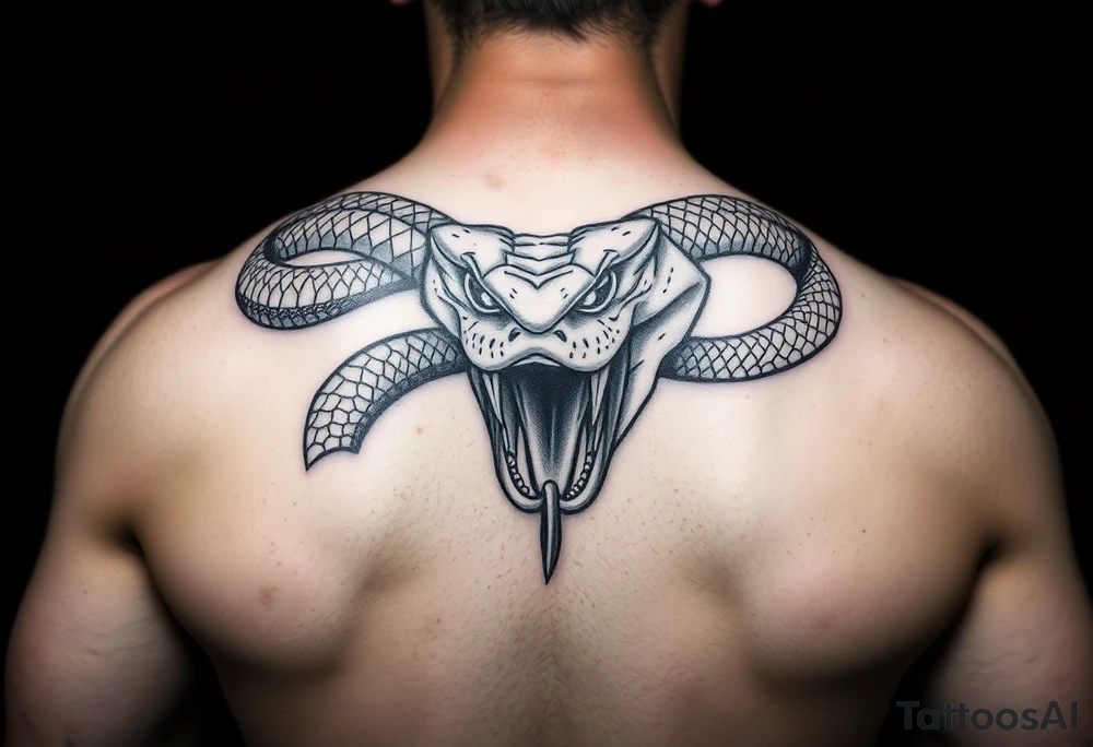 A dangerous snake it has a wide shaped cobra head with a mouth full of sharp teeth and long fangs like a sab tattoo idea