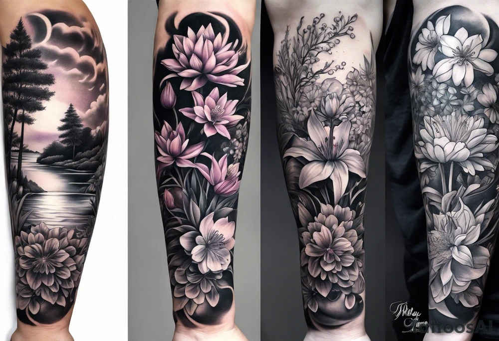 Full sleeve with larkspur and water Lilly, chrysanthemum and peony, Iris and violet, hawthorn and lily of the valley. Add a juniper tree and palm tree tattoo idea