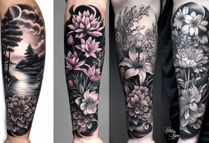 Full sleeve with larkspur and water Lilly, chrysanthemum and peony, Iris and violet, hawthorn and lily of the valley. Add a juniper tree and palm tree tattoo idea