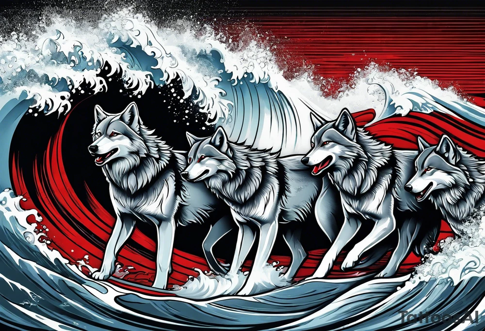 a pack of howling muscular  gray wolves surfing waves with a linear background with red, white and black and gray tattoo idea