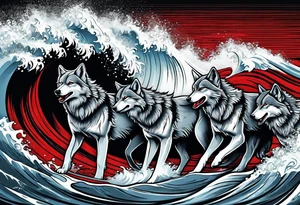 a pack of howling muscular  gray wolves surfing waves with a linear background with red, white and black and gray tattoo idea