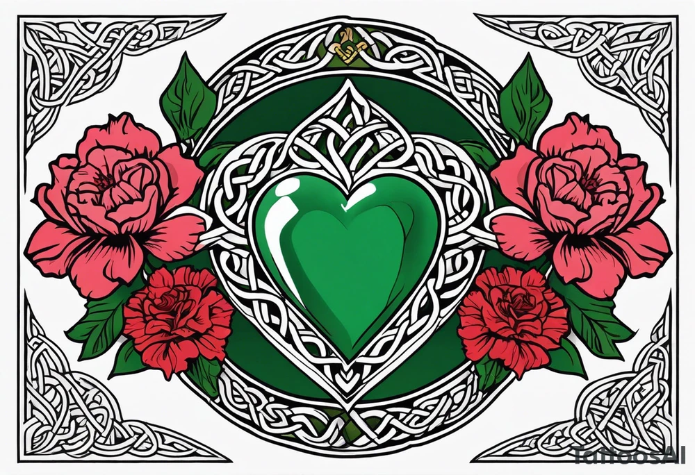 Irish Celtic symbol of love wedding ring with an Emrald green gem in the middle of the heart with a bundle of carnations, leaves, and narcissus coming out of the hands. Simple tattoo idea