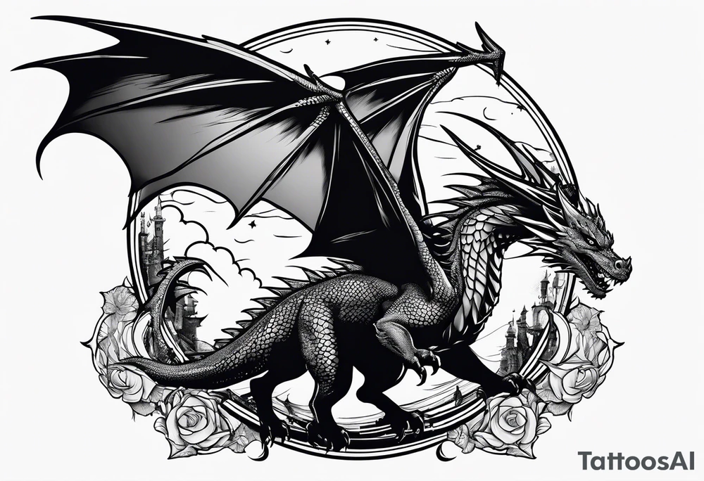 Dragon from game of the thrones flying to the moon minimalism tattoo idea