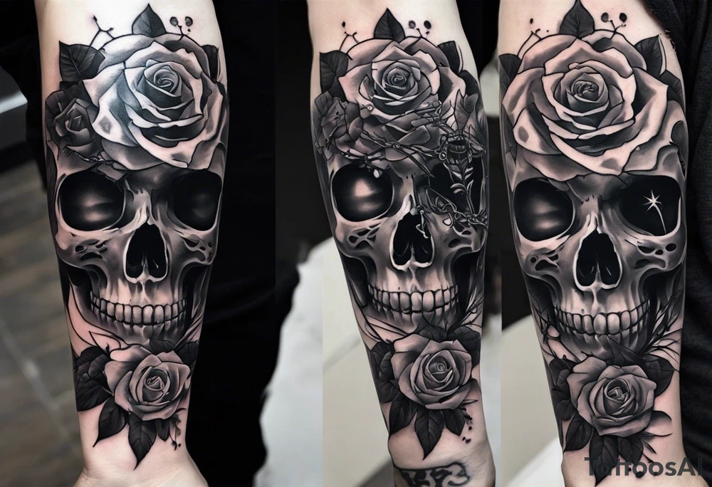 A sleeve tattoo whose elements seem to be connected into one story. Elements on the tattoo: a skull with a rose sticking out of the eye, plants, a girl’s face turning into roots, a destroyed old chain, a broken sword, a butterfly and you can add some connecting elements tattoo idea