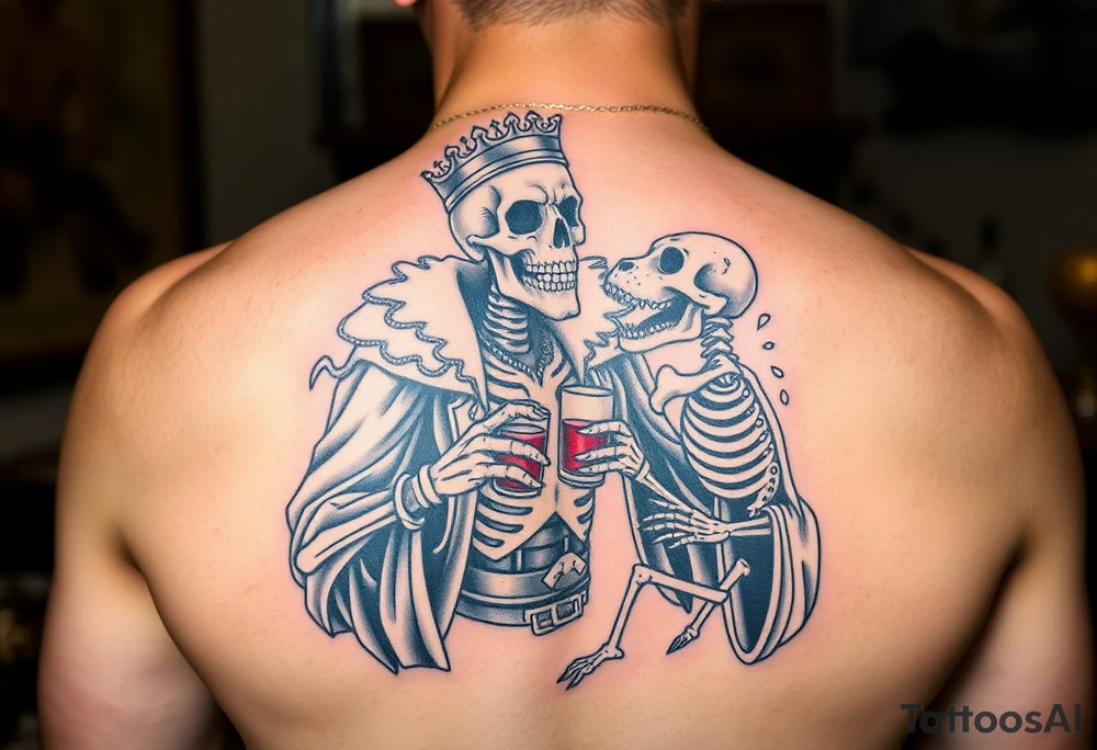 evil skeleton king in clothes having a good time getting drunk with skeleton dog tattoo idea