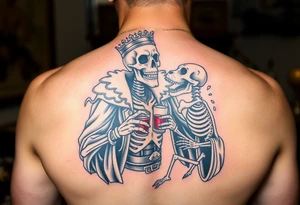 evil skeleton king in clothes having a good time getting drunk with skeleton dog tattoo idea
