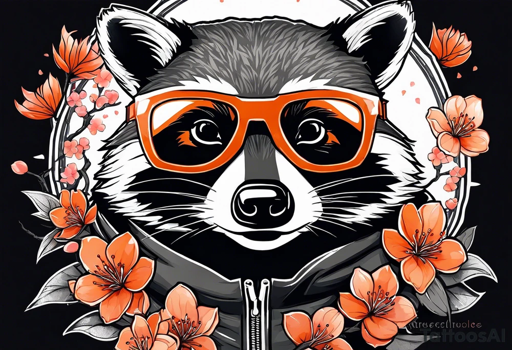 Raccoon wearing a white Superman logo on a black hoodie and orange Japanese cherry blossoms beside tattoo idea