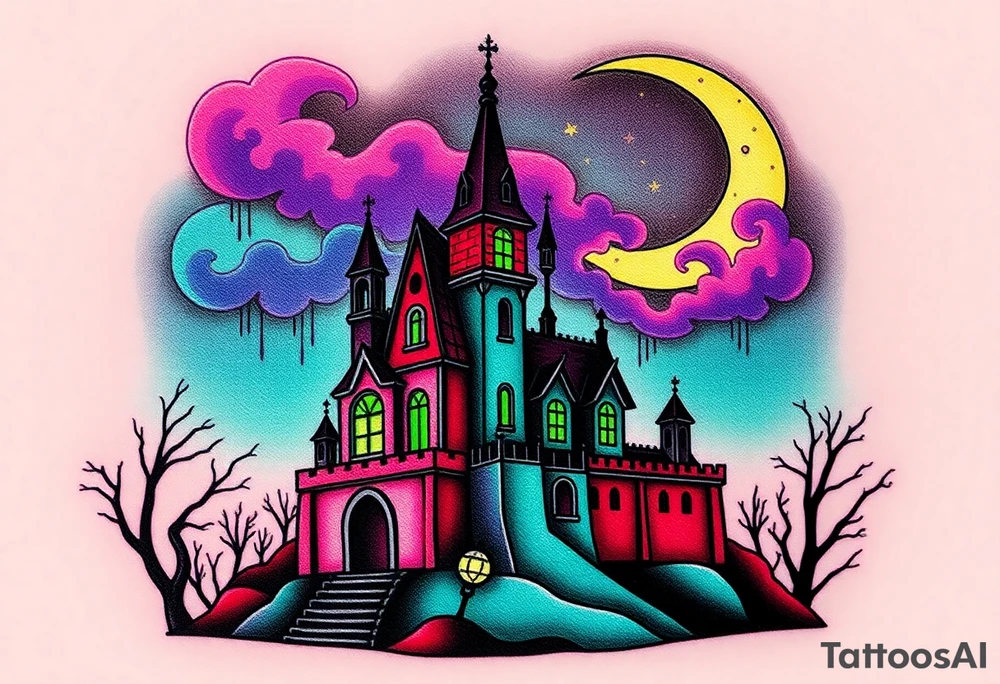 Tim Burton’s disney sleeping beauty’s haunted castle is abandoned and dripping with muted reds, dusty pinks, and eerie green glow.purple and cyan smokey clouds swirl in the crescent moonlit sky thats sprinkled with stars tattoo idea tattoo idea