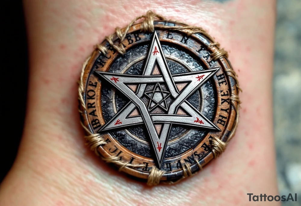 Rod’s Star — A radiant silver star with six intersecting arms inscribed with red runes, placed within a circular wooden medallion wrapped in twine. tattoo idea