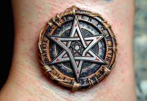 Rod’s Star — A radiant silver star with six intersecting arms inscribed with red runes, placed within a circular wooden medallion wrapped in twine. tattoo idea