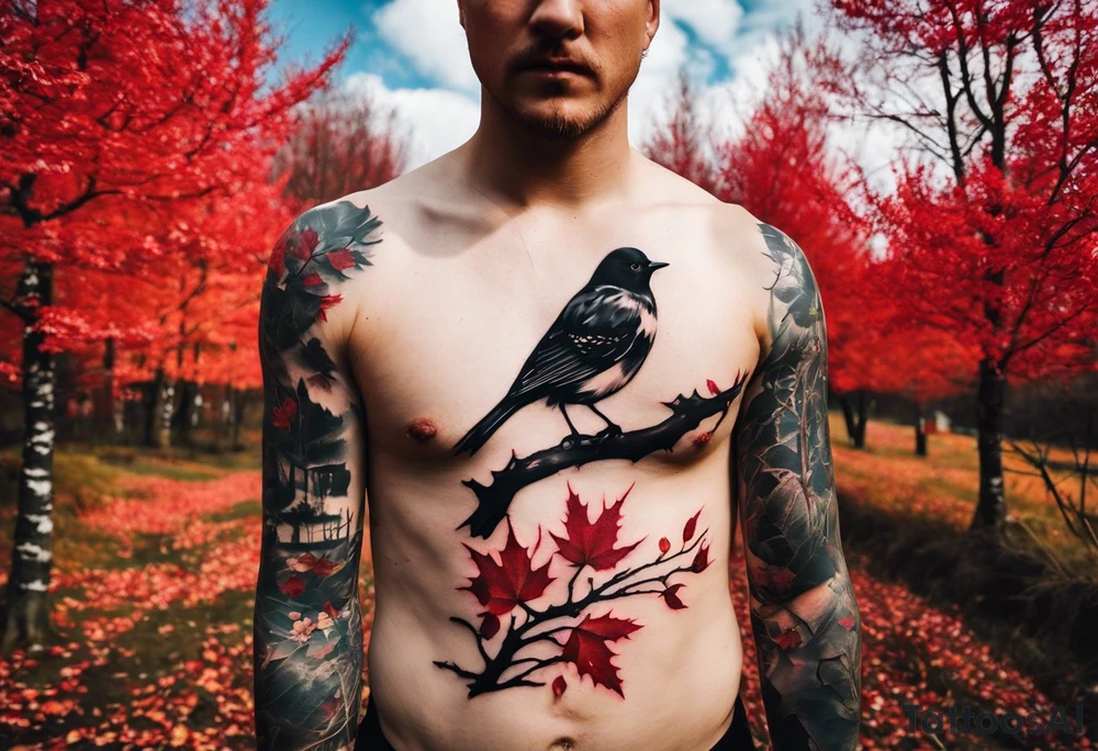 trash polka style. Arm tattoo. chest tattoo. Long tattoo. large tattoo. Full sleeve. Shoulder. A single large maple tree with red autumn leaves that branches upwards from wrist to shoulder. White-throated dipper bird on the trees branches. Calluna flowers at the base of the trees stem. Tree stem has dark colors. Red/yellow sunset behind the trees stem. Leaves falling. tattoo idea