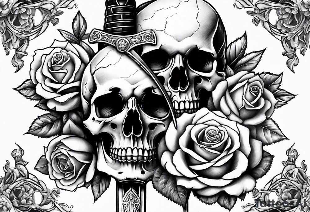 Sword and skull wrapped in roses tattoo idea