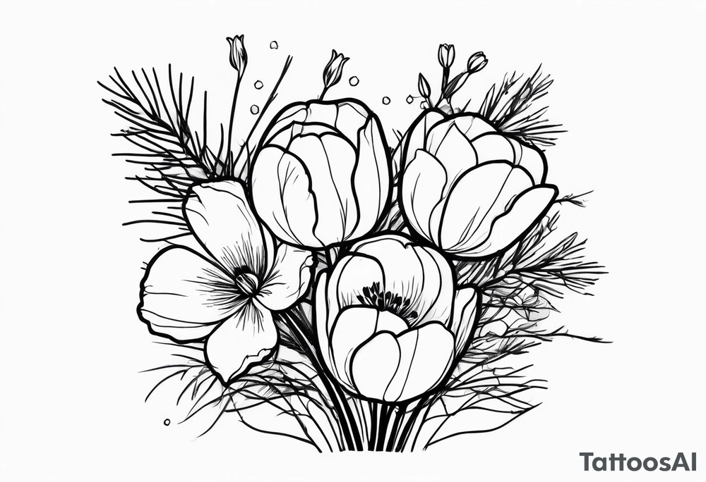 tulip and cosmos flowers in a bouquet with pine branch and willow branch. minimalist, simple bouquet. small. tattoo idea