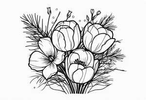 tulip and cosmos flowers in a bouquet with pine branch and willow branch. minimalist, simple bouquet. small. tattoo idea