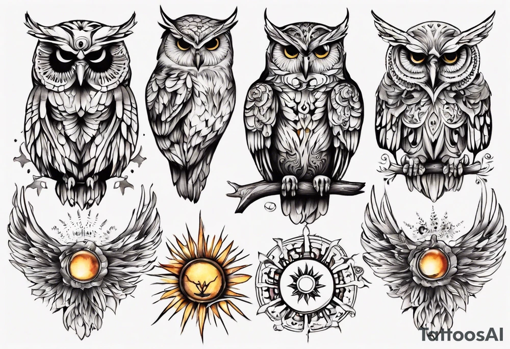 Eule und sonne tattoo idea