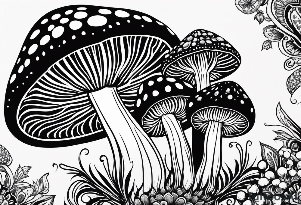 Large Shaggy cap mushroom dripping ink off cap with 4 smaller mushrooms around it mandala henna black tattoo design tattoo idea