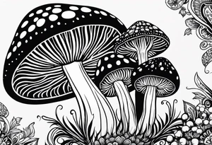 Large Shaggy cap mushroom dripping ink off cap with 4 smaller mushrooms around it mandala henna black tattoo design tattoo idea