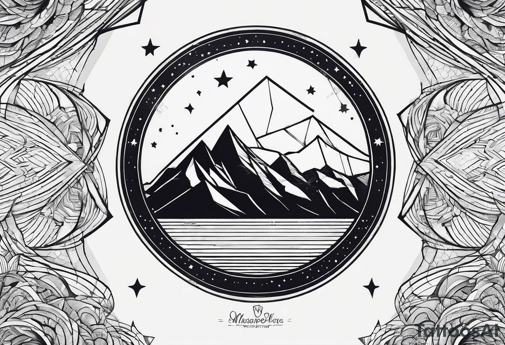 Mountain Massif, one Peak, only peak surrounded woth semi circle dashed Line, in semi circle two littel fine Stars, waves overlapping in Side, Open geometrical Forms Like Diamond with Open lines tattoo idea