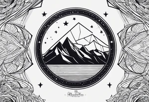 Mountain Massif, one Peak, only peak surrounded woth semi circle dashed Line, in semi circle two littel fine Stars, waves overlapping in Side, Open geometrical Forms Like Diamond with Open lines tattoo idea