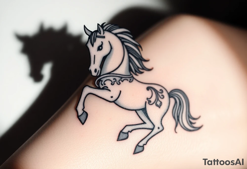 a knight of chess piece. it doesnt have legs, it's a chess piece. The knight piece is depicted in motion, slightly tilted forward as if it's charging or coming out of the shadows. The knight’s face is detailed but with a focus on the horse's strong features: its mane flowing in the wind, and the body etched with intricate details to represent strength and agility. The knight is emerging from a shadow, with the front part of the body illuminated in soft, warm light. The shadowed portions near the back and tail create a mystical aura. tattoo idea