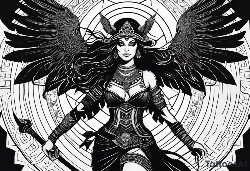 black kali, goddess pirate, alien, angel, pachamama, valkrye, warrior, flying, skull, lotus azul, wing, eagle, zenza resonance, stars, 5D, anahata chakra, death, durga, riding on a tiger, flying lady tattoo idea