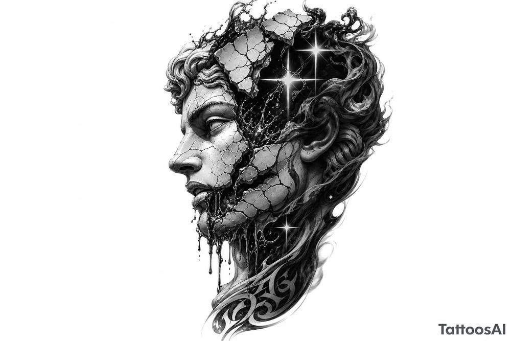 Black and grey tattoo design of a broken marble statue face split down the middle, side view profile, realistic shattered porcelain effect, dark wispy smoke and liquid pouring out of the cracks, Chicano tattoo shading, heavy blackwork background, sharp 4-point sparkle stars, high contrast, clean white background, detailed tattoo stencil style on side neck tattoo idea