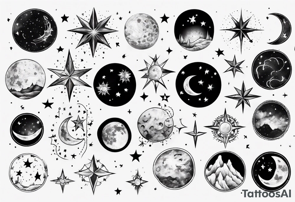 Night sky with moon and stars and constellations tattoo idea