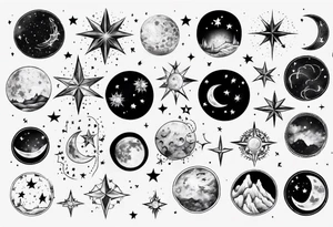 Night sky with moon and stars and constellations tattoo idea