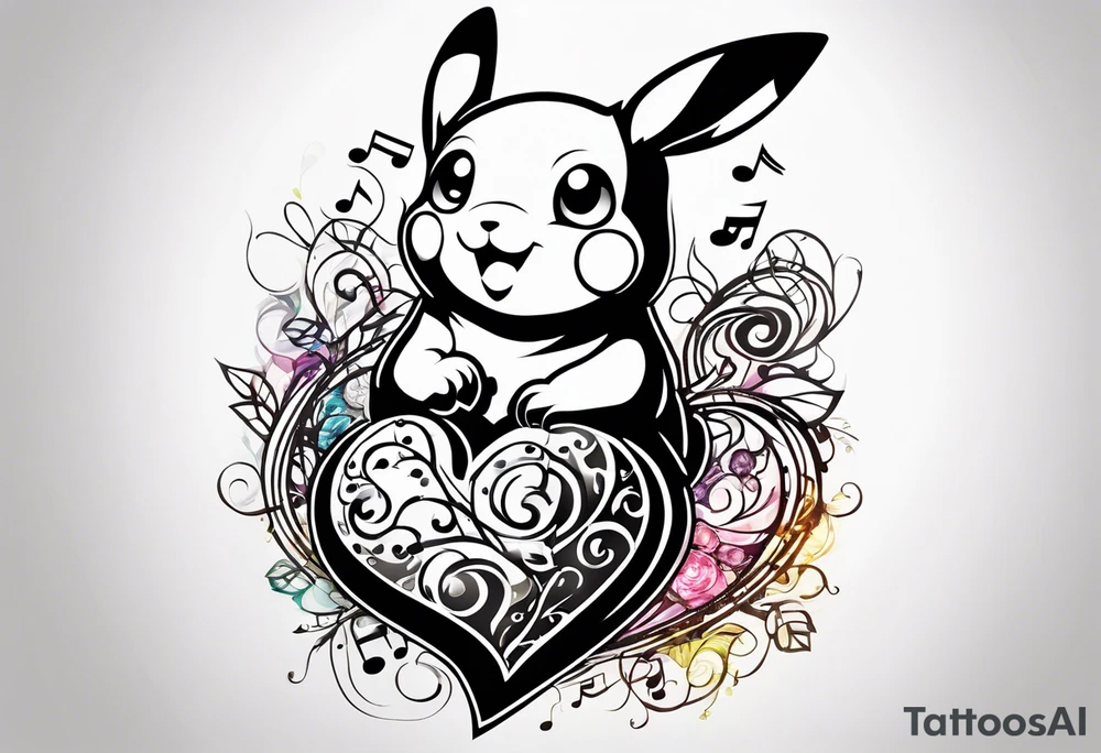 Pickachu squeezing a heart made from a trouble clef and music notes tattoo idea