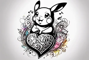 Pickachu squeezing a heart made from a trouble clef and music notes tattoo idea
