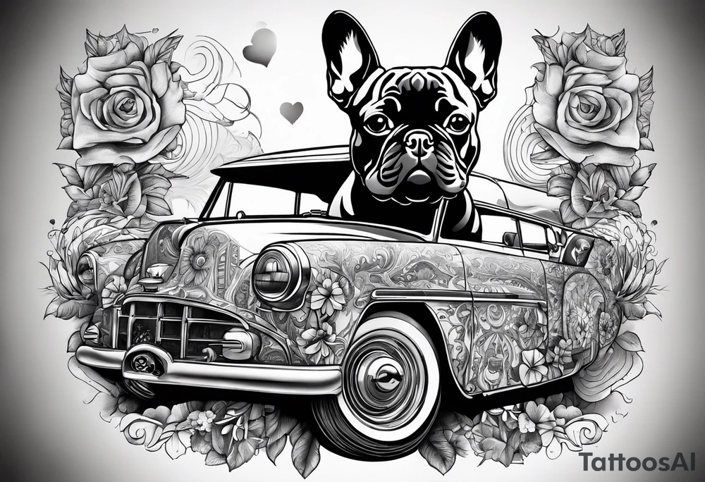 A french bulldog to dices vith the telores C and R four clower and a car tattoo idea