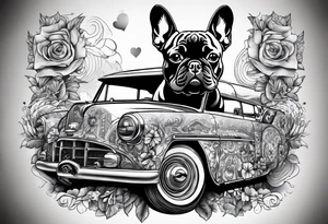 A french bulldog to dices vith the telores C and R four clower and a car tattoo idea