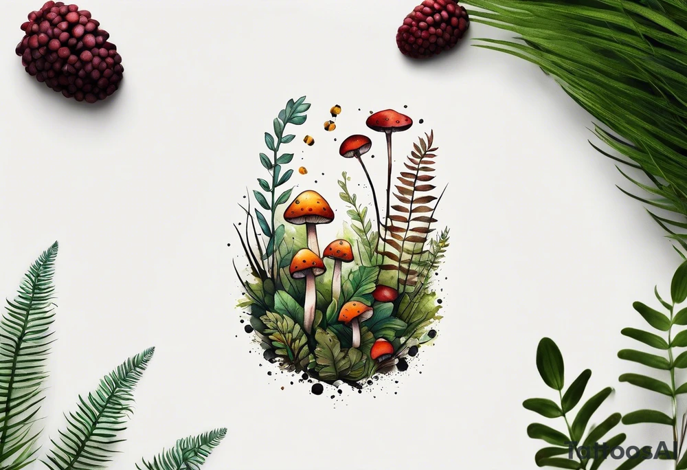 forest floor inspired minimalist tattoo, which includes grass, curly ferns, moss and dead leaves as the bulk of the tattoo. details to include: forest berries, a tiny bumblebee flying nearby, three small brown mushrooms
Generate a vertically long one tattoo idea